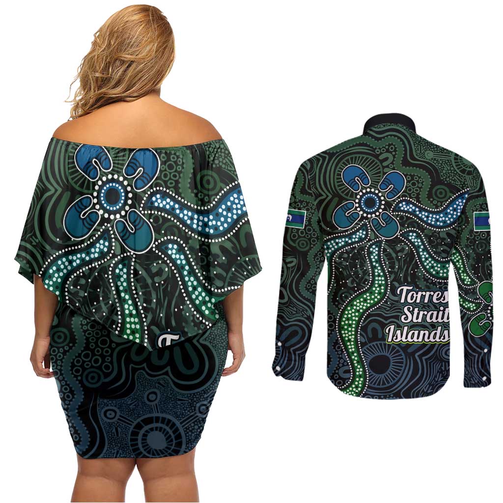 Torres Strait Islands Couples Matching Off Shoulder Short Dress and Long Sleeve Button Shirt Indigenous Australian Marine Tribal Dot Art