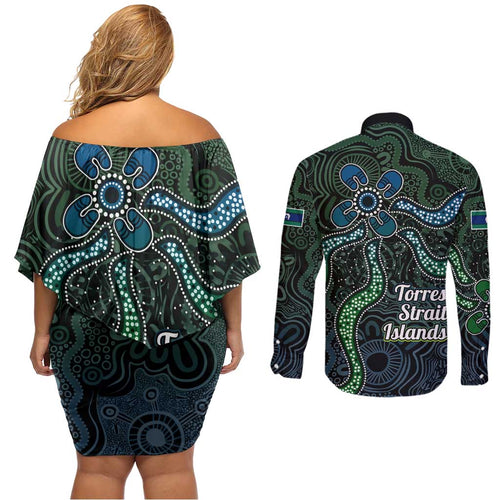 Torres Strait Islands Couples Matching Off Shoulder Short Dress and Long Sleeve Button Shirt Indigenous Australian Marine Tribal Dot Art