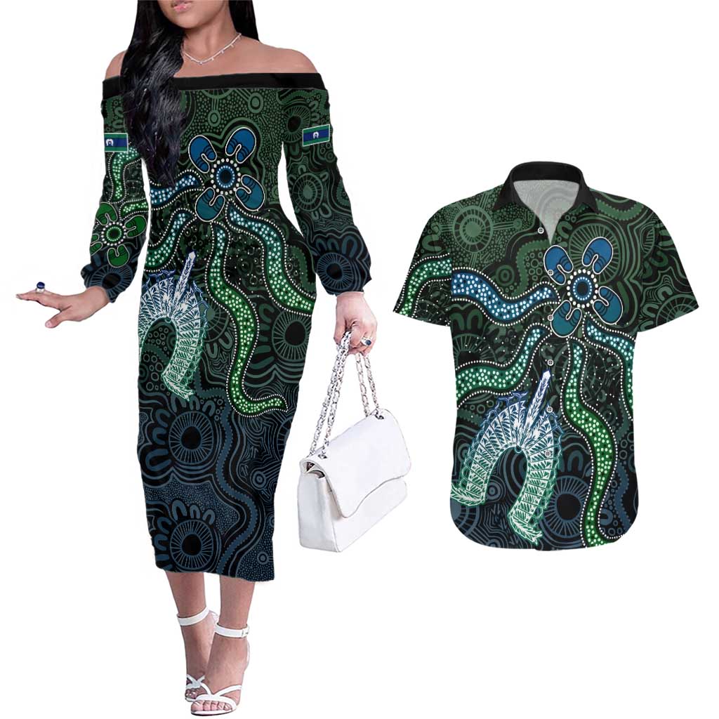 Torres Strait Islands Couples Matching Off The Shoulder Long Sleeve Dress and Hawaiian Shirt Indigenous Australian Marine Tribal Dot Art
