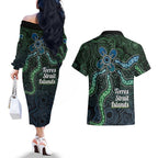 Torres Strait Islands Couples Matching Off The Shoulder Long Sleeve Dress and Hawaiian Shirt Indigenous Australian Marine Tribal Dot Art