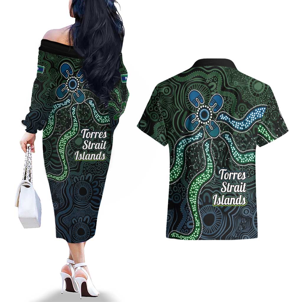 Torres Strait Islands Couples Matching Off The Shoulder Long Sleeve Dress and Hawaiian Shirt Indigenous Australian Marine Tribal Dot Art
