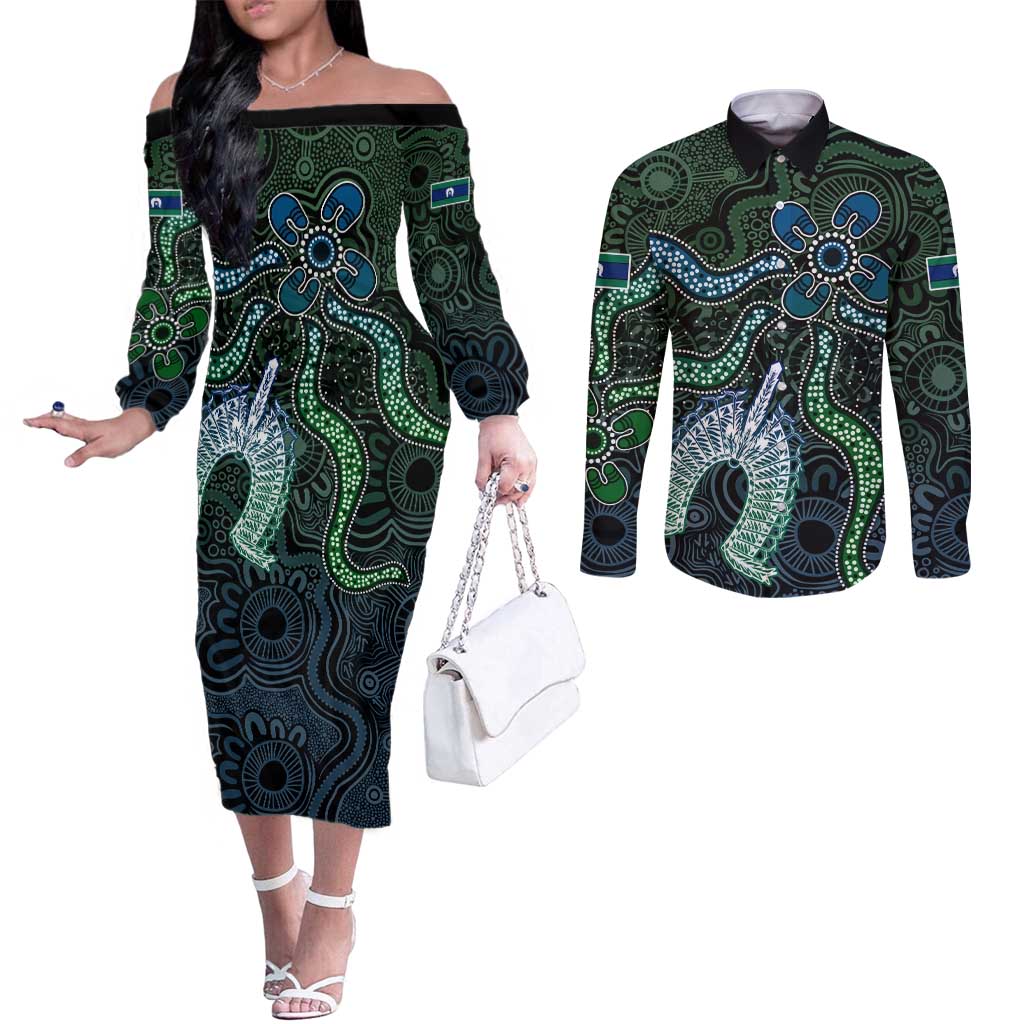Torres Strait Islands Couples Matching Off The Shoulder Long Sleeve Dress and Long Sleeve Button Shirt Indigenous Australian Marine Tribal Dot Art