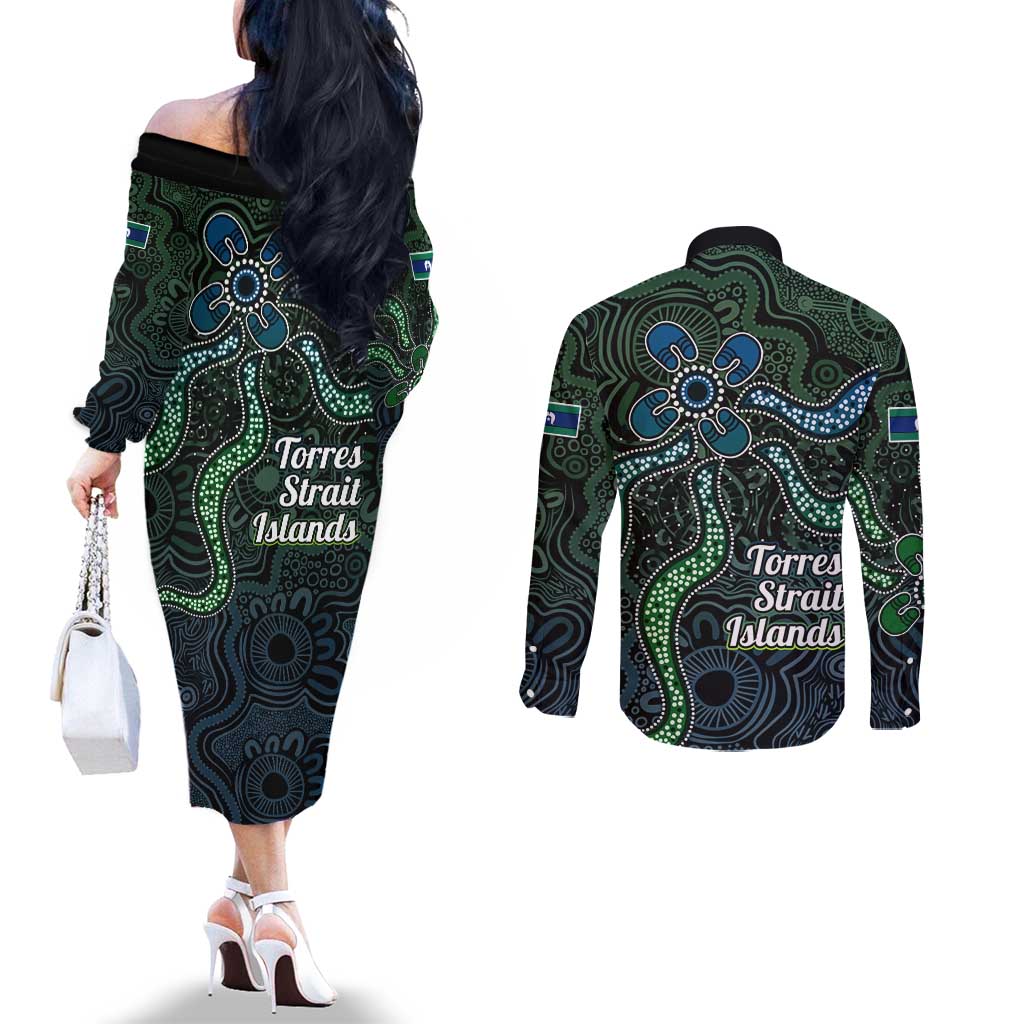 Torres Strait Islands Couples Matching Off The Shoulder Long Sleeve Dress and Long Sleeve Button Shirt Indigenous Australian Marine Tribal Dot Art