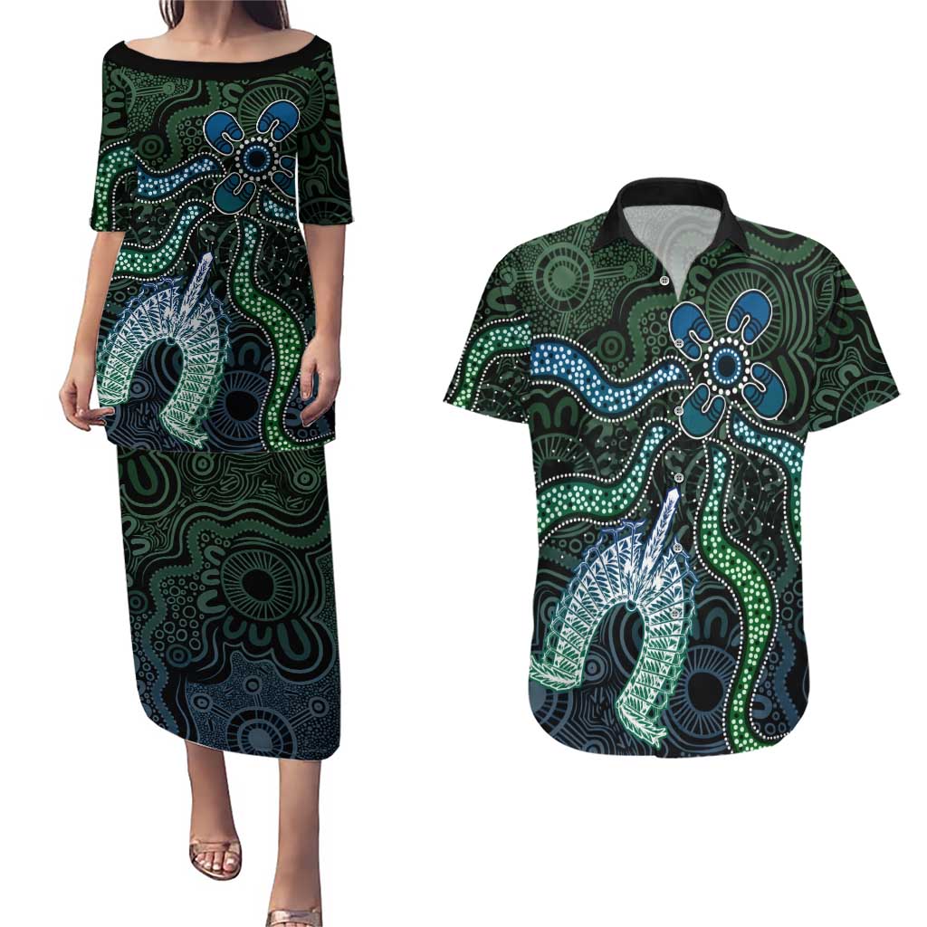 Torres Strait Islands Couples Matching Puletasi and Hawaiian Shirt Indigenous Australian Marine Tribal Dot Art
