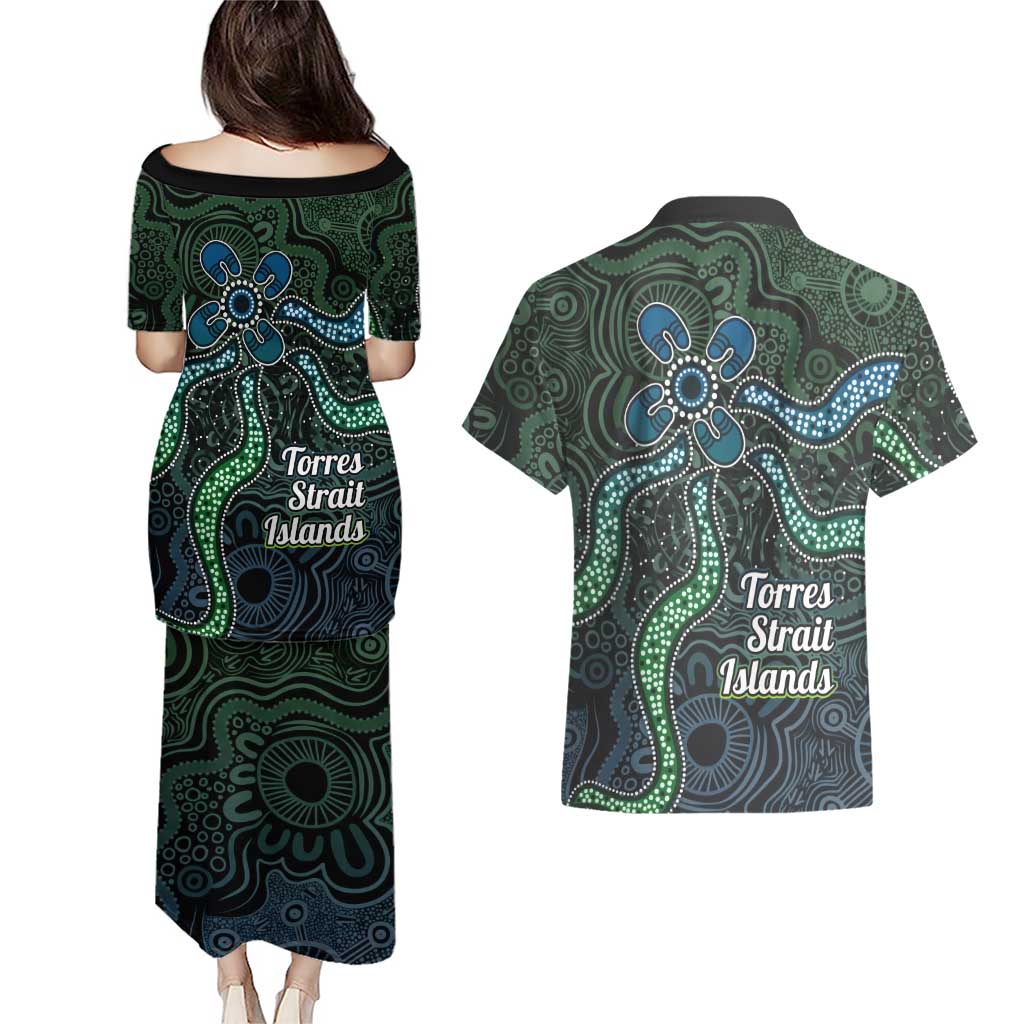 Torres Strait Islands Couples Matching Puletasi and Hawaiian Shirt Indigenous Australian Marine Tribal Dot Art