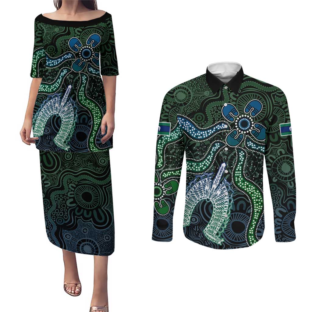 Torres Strait Islands Couples Matching Puletasi and Long Sleeve Button Shirt Indigenous Australian Marine Tribal Dot Art