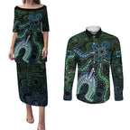 Torres Strait Islands Couples Matching Puletasi and Long Sleeve Button Shirt Indigenous Australian Marine Tribal Dot Art