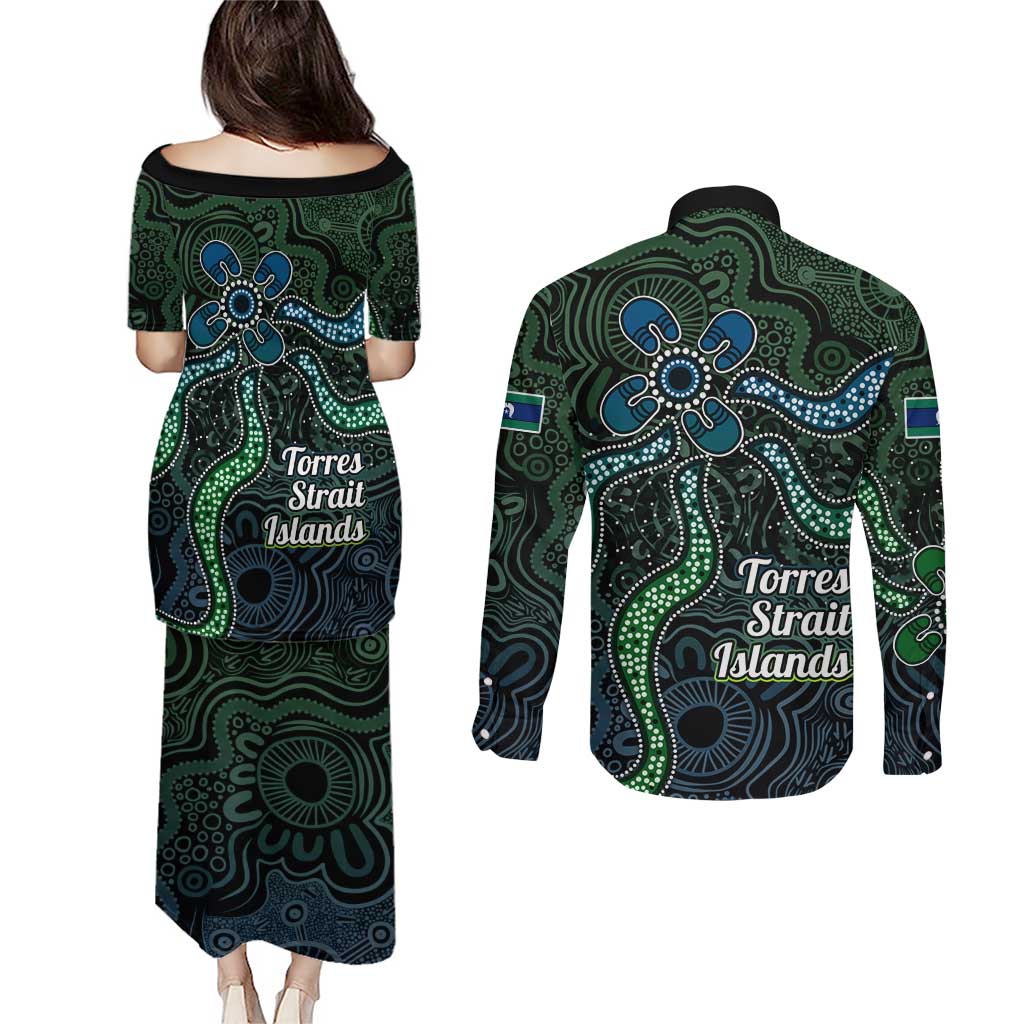 Torres Strait Islands Couples Matching Puletasi and Long Sleeve Button Shirt Indigenous Australian Marine Tribal Dot Art