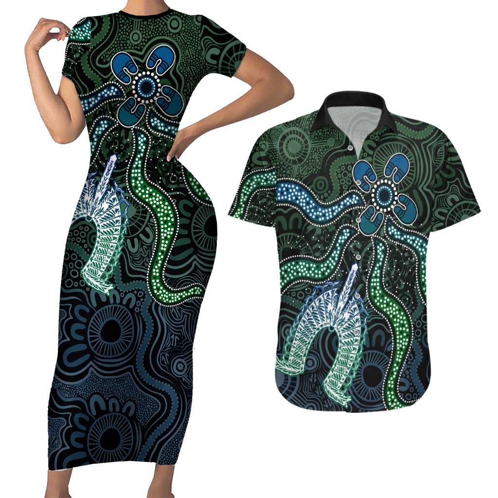 Torres Strait Islands Couples Matching Short Sleeve Bodycon Dress and Hawaiian Shirt Indigenous Australian Marine Tribal Dot Art