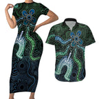 Torres Strait Islands Couples Matching Short Sleeve Bodycon Dress and Hawaiian Shirt Indigenous Australian Marine Tribal Dot Art