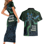 Torres Strait Islands Couples Matching Short Sleeve Bodycon Dress and Hawaiian Shirt Indigenous Australian Marine Tribal Dot Art