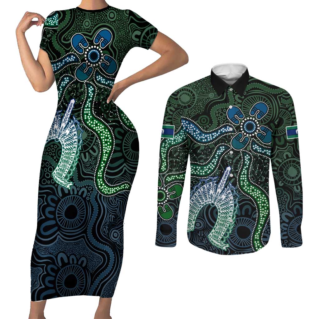 Torres Strait Islands Couples Matching Short Sleeve Bodycon Dress and Long Sleeve Button Shirt Indigenous Australian Marine Tribal Dot Art