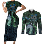 Torres Strait Islands Couples Matching Short Sleeve Bodycon Dress and Long Sleeve Button Shirt Indigenous Australian Marine Tribal Dot Art