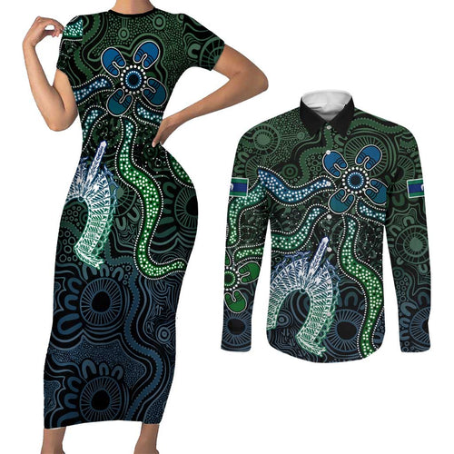Torres Strait Islands Couples Matching Short Sleeve Bodycon Dress and Long Sleeve Button Shirt Indigenous Australian Marine Tribal Dot Art