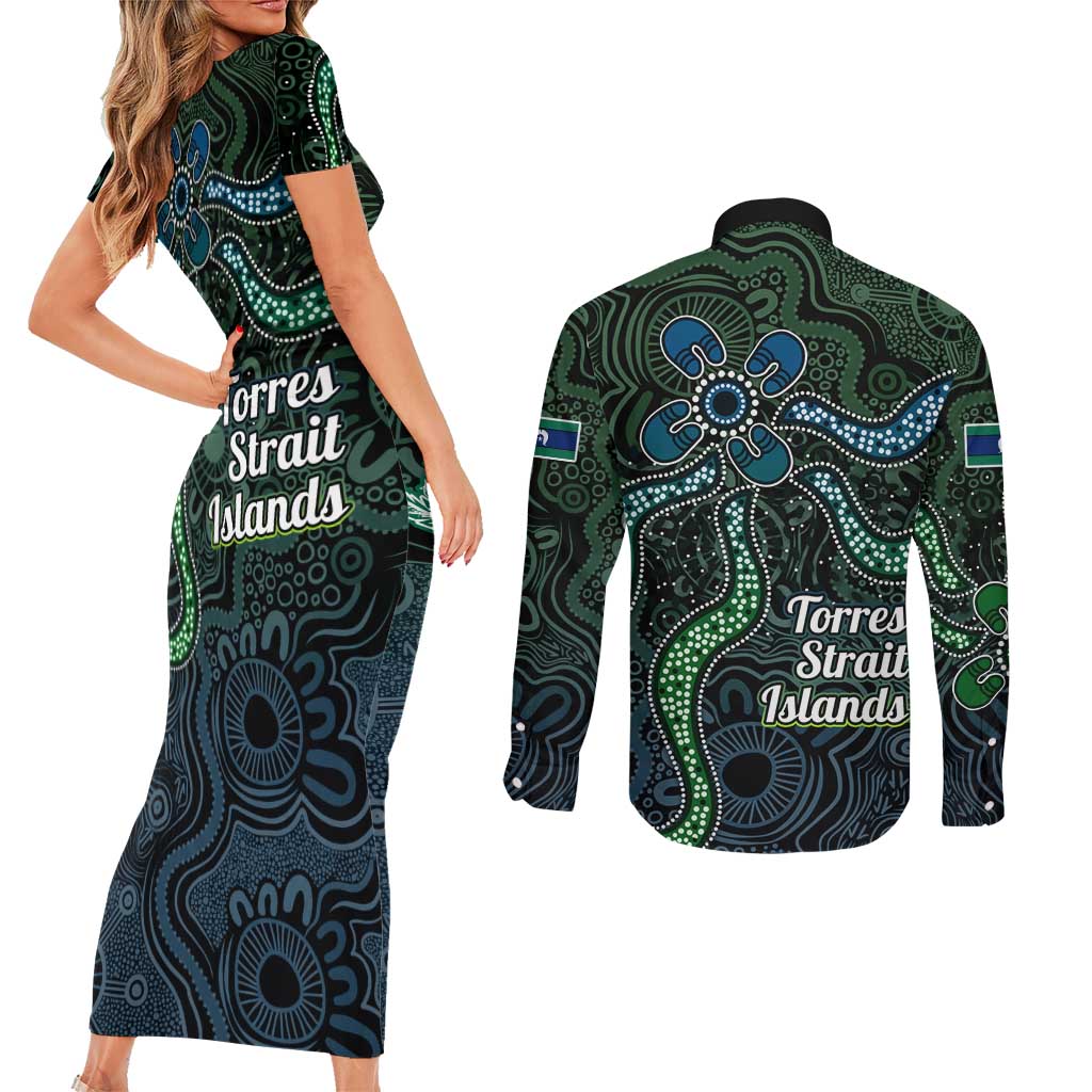 Torres Strait Islands Couples Matching Short Sleeve Bodycon Dress and Long Sleeve Button Shirt Indigenous Australian Marine Tribal Dot Art