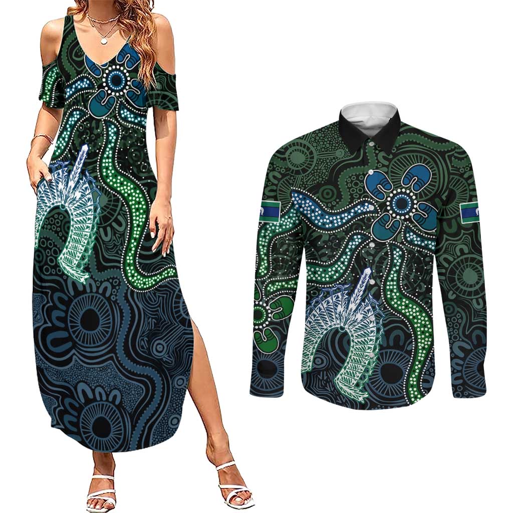 Torres Strait Islands Couples Matching Summer Maxi Dress and Long Sleeve Button Shirt Indigenous Australian Marine Tribal Dot Art