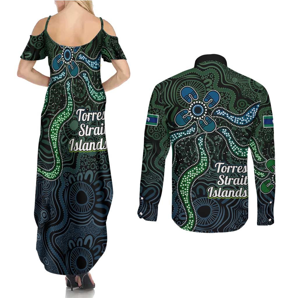 Torres Strait Islands Couples Matching Summer Maxi Dress and Long Sleeve Button Shirt Indigenous Australian Marine Tribal Dot Art