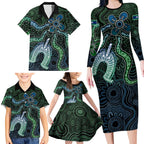 Torres Strait Islands Family Matching Long Sleeve Bodycon Dress and Hawaiian Shirt Indigenous Australian Marine Tribal Dot Art