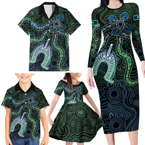 Torres Strait Islands Family Matching Long Sleeve Bodycon Dress and Hawaiian Shirt Indigenous Australian Marine Tribal Dot Art