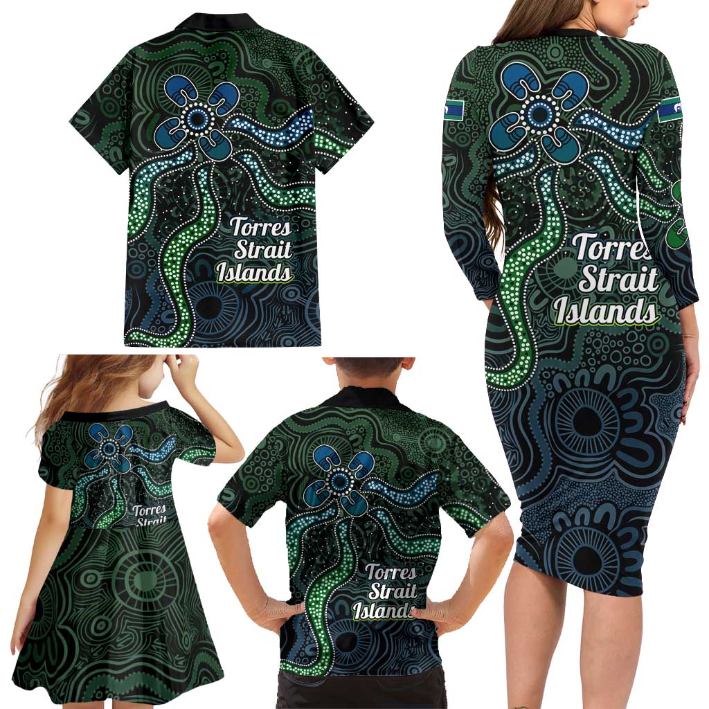 Torres Strait Islands Family Matching Long Sleeve Bodycon Dress and Hawaiian Shirt Indigenous Australian Marine Tribal Dot Art