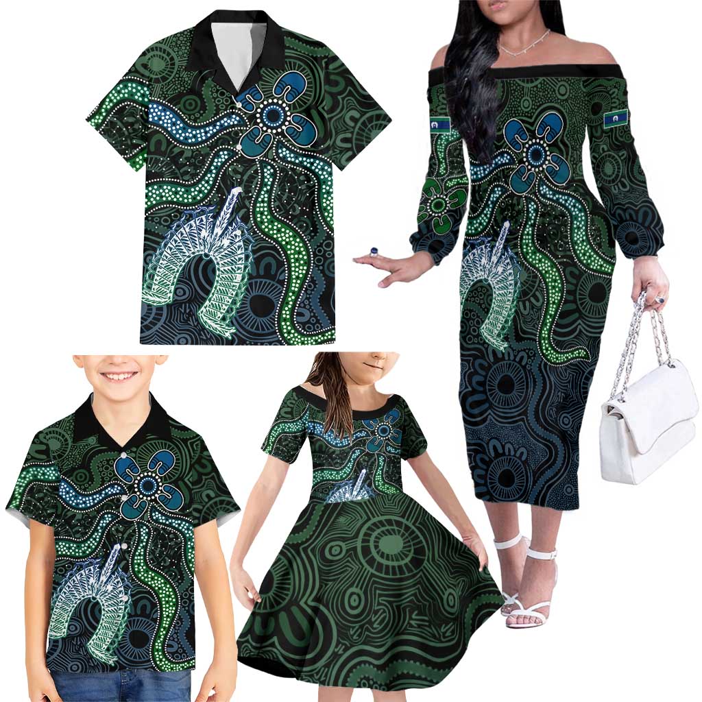 Torres Strait Islands Family Matching Off The Shoulder Long Sleeve Dress and Hawaiian Shirt Indigenous Australian Marine Tribal Dot Art