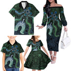 Torres Strait Islands Family Matching Off The Shoulder Long Sleeve Dress and Hawaiian Shirt Indigenous Australian Marine Tribal Dot Art