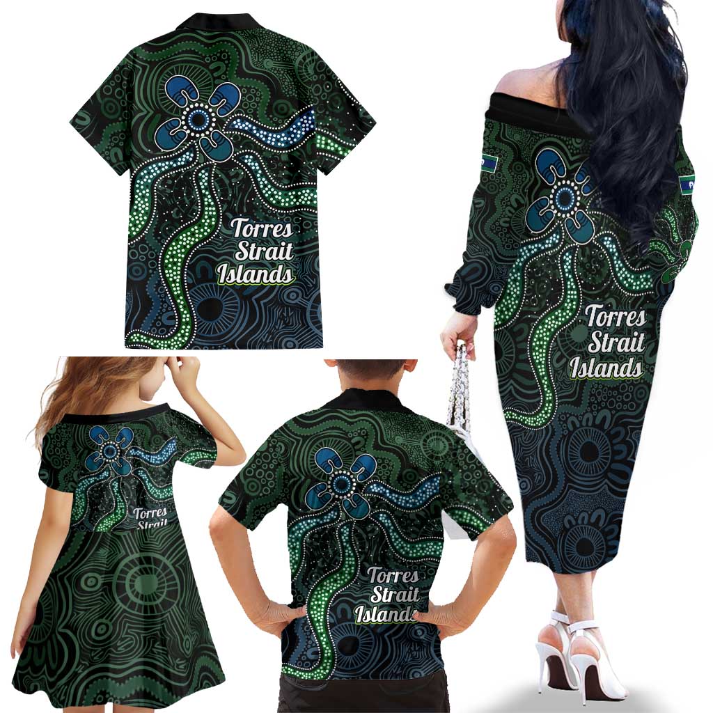 Torres Strait Islands Family Matching Off The Shoulder Long Sleeve Dress and Hawaiian Shirt Indigenous Australian Marine Tribal Dot Art