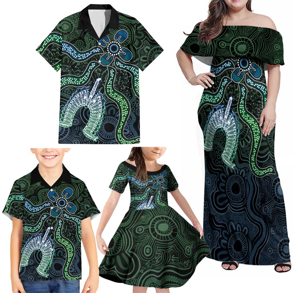 Torres Strait Islands Family Matching Off Shoulder Maxi Dress and Hawaiian Shirt Indigenous Australian Marine Tribal Dot Art