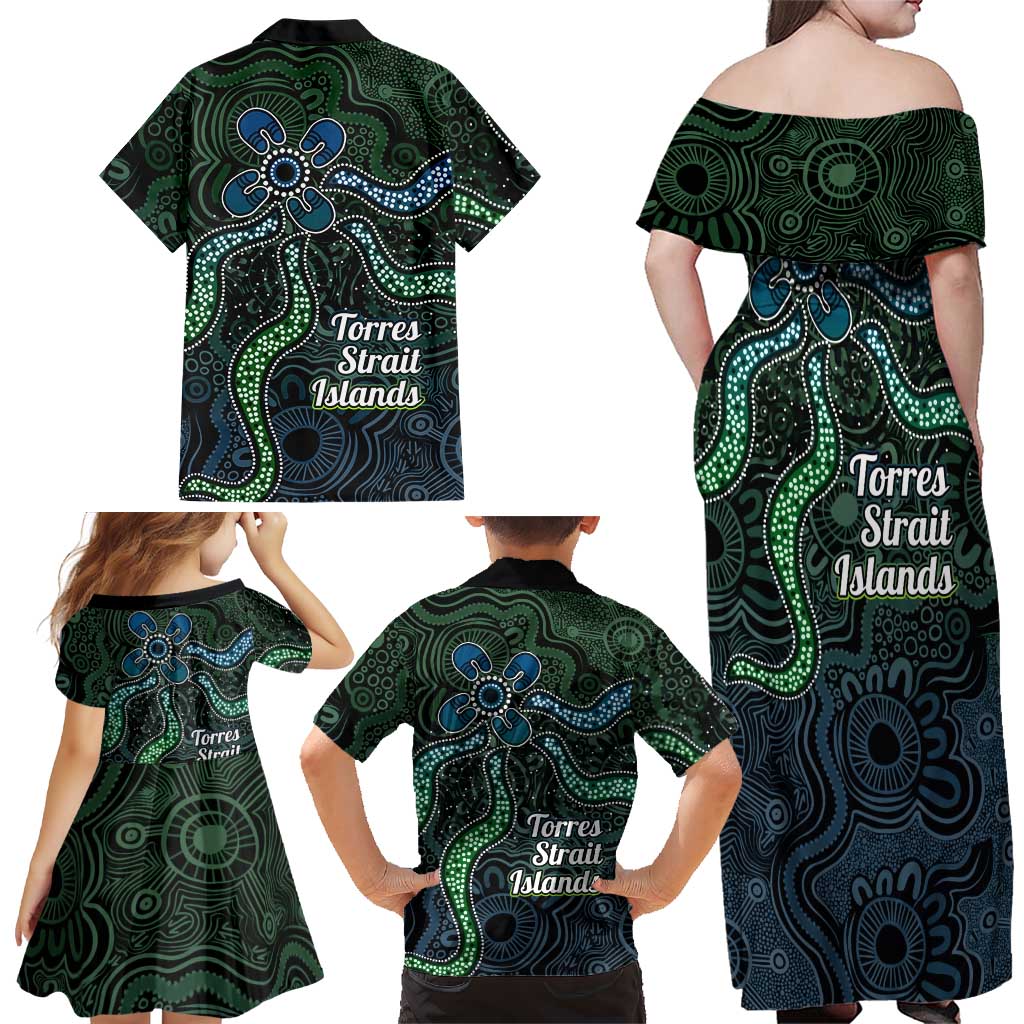 Torres Strait Islands Family Matching Off Shoulder Maxi Dress and Hawaiian Shirt Indigenous Australian Marine Tribal Dot Art