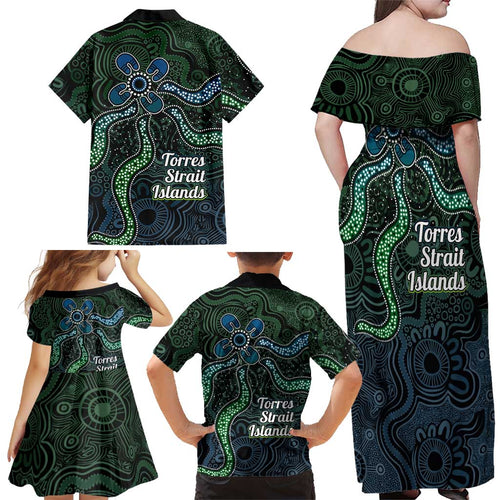 Torres Strait Islands Family Matching Off Shoulder Maxi Dress and Hawaiian Shirt Indigenous Australian Marine Tribal Dot Art