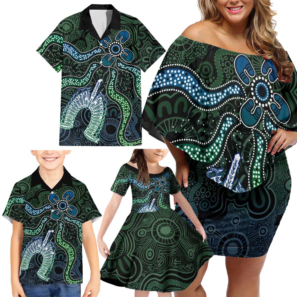 Torres Strait Islands Family Matching Off Shoulder Short Dress and Hawaiian Shirt Indigenous Australian Marine Tribal Dot Art
