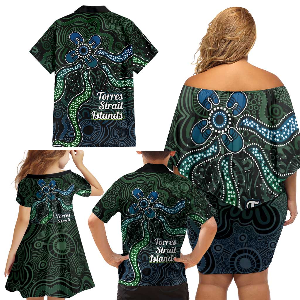Torres Strait Islands Family Matching Off Shoulder Short Dress and Hawaiian Shirt Indigenous Australian Marine Tribal Dot Art