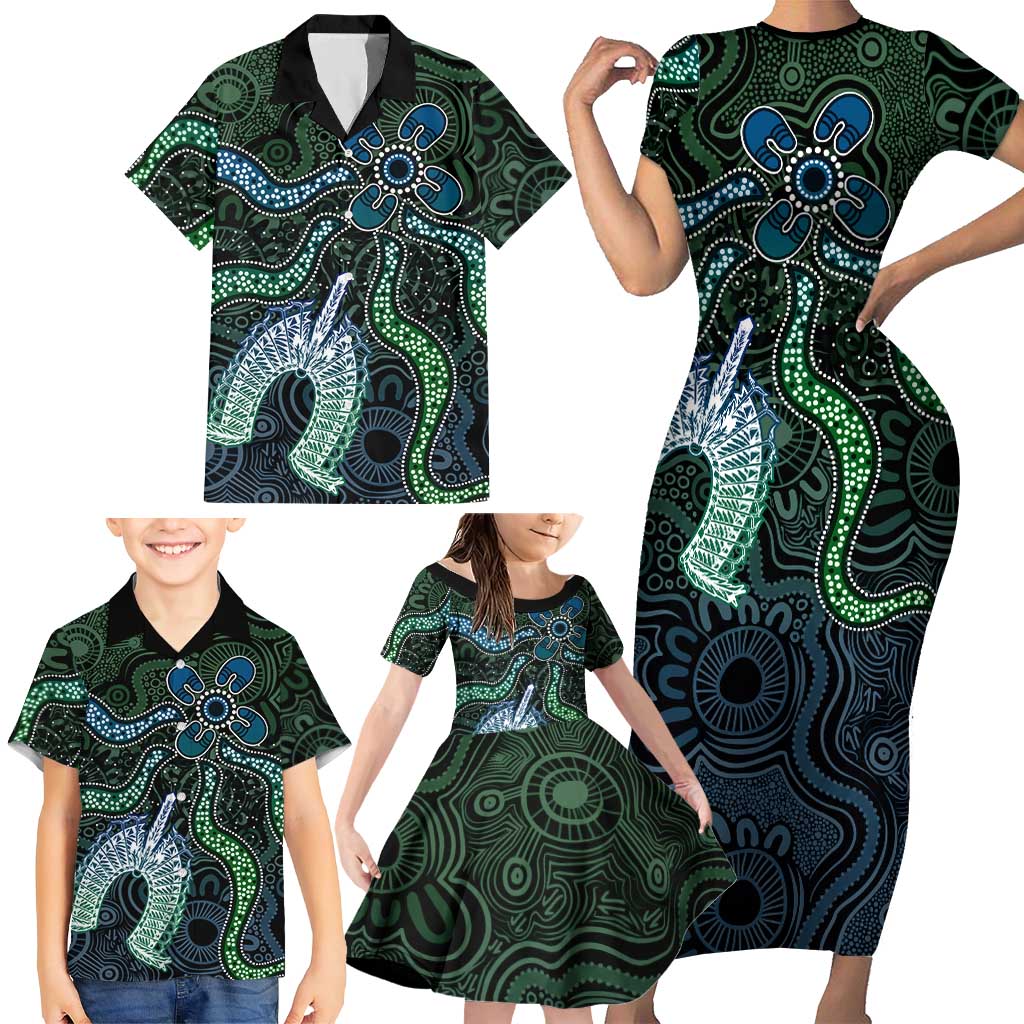 Torres Strait Islands Family Matching Short Sleeve Bodycon Dress and Hawaiian Shirt Indigenous Australian Marine Tribal Dot Art