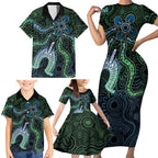 Torres Strait Islands Family Matching Short Sleeve Bodycon Dress and Hawaiian Shirt Indigenous Australian Marine Tribal Dot Art