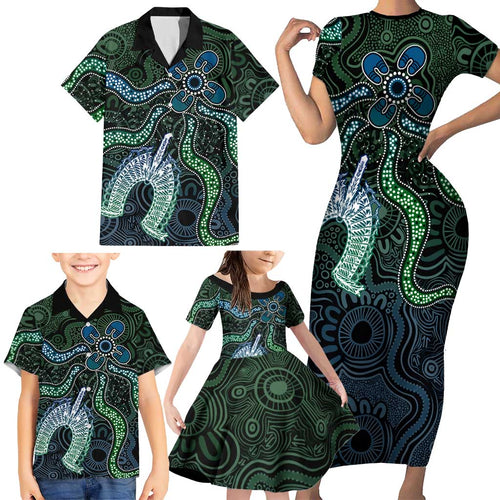 Torres Strait Islands Family Matching Short Sleeve Bodycon Dress and Hawaiian Shirt Indigenous Australian Marine Tribal Dot Art