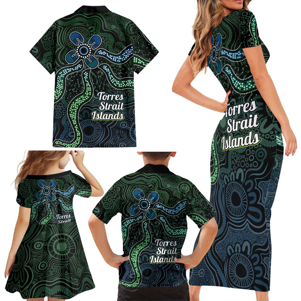 Torres Strait Islands Family Matching Short Sleeve Bodycon Dress and Hawaiian Shirt Indigenous Australian Marine Tribal Dot Art