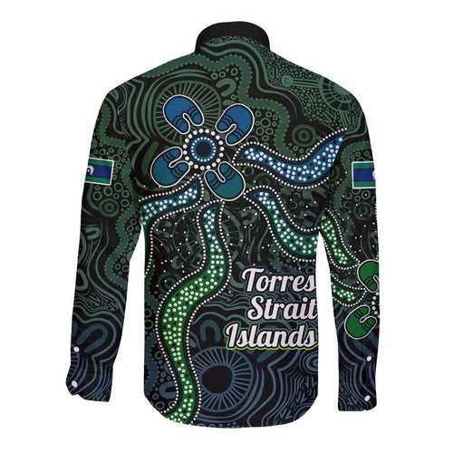 Torres Strait Islands Long Sleeve Button Shirt Indigenous Australian Marine Tribal Dot Art