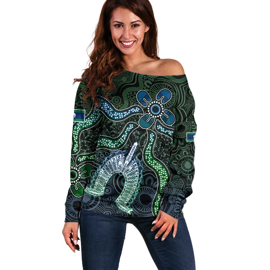 Torres Strait Islands Off Shoulder Sweater Indigenous Australian Marine Tribal Dot Art