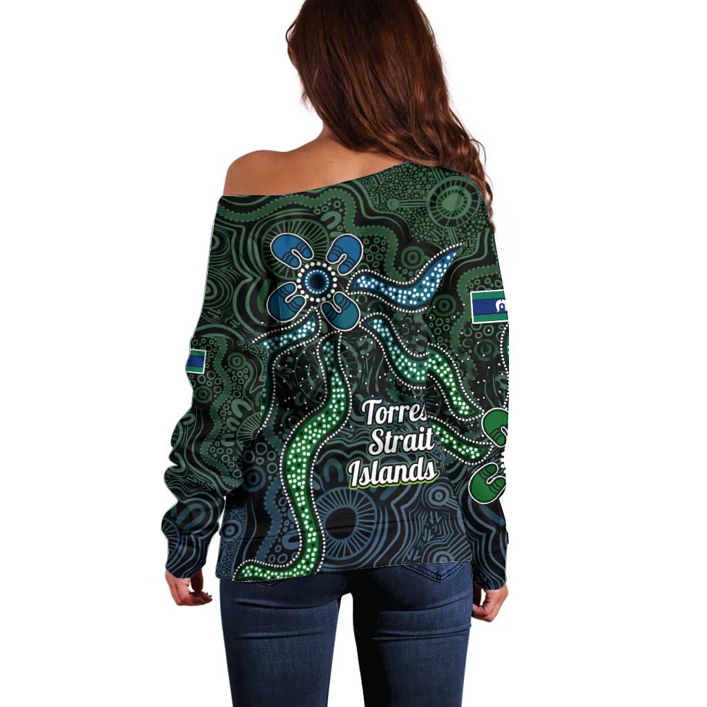 Torres Strait Islands Off Shoulder Sweater Indigenous Australian Marine Tribal Dot Art
