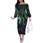 Torres Strait Islands Off The Shoulder Long Sleeve Dress Indigenous Australian Marine Tribal Dot Art
