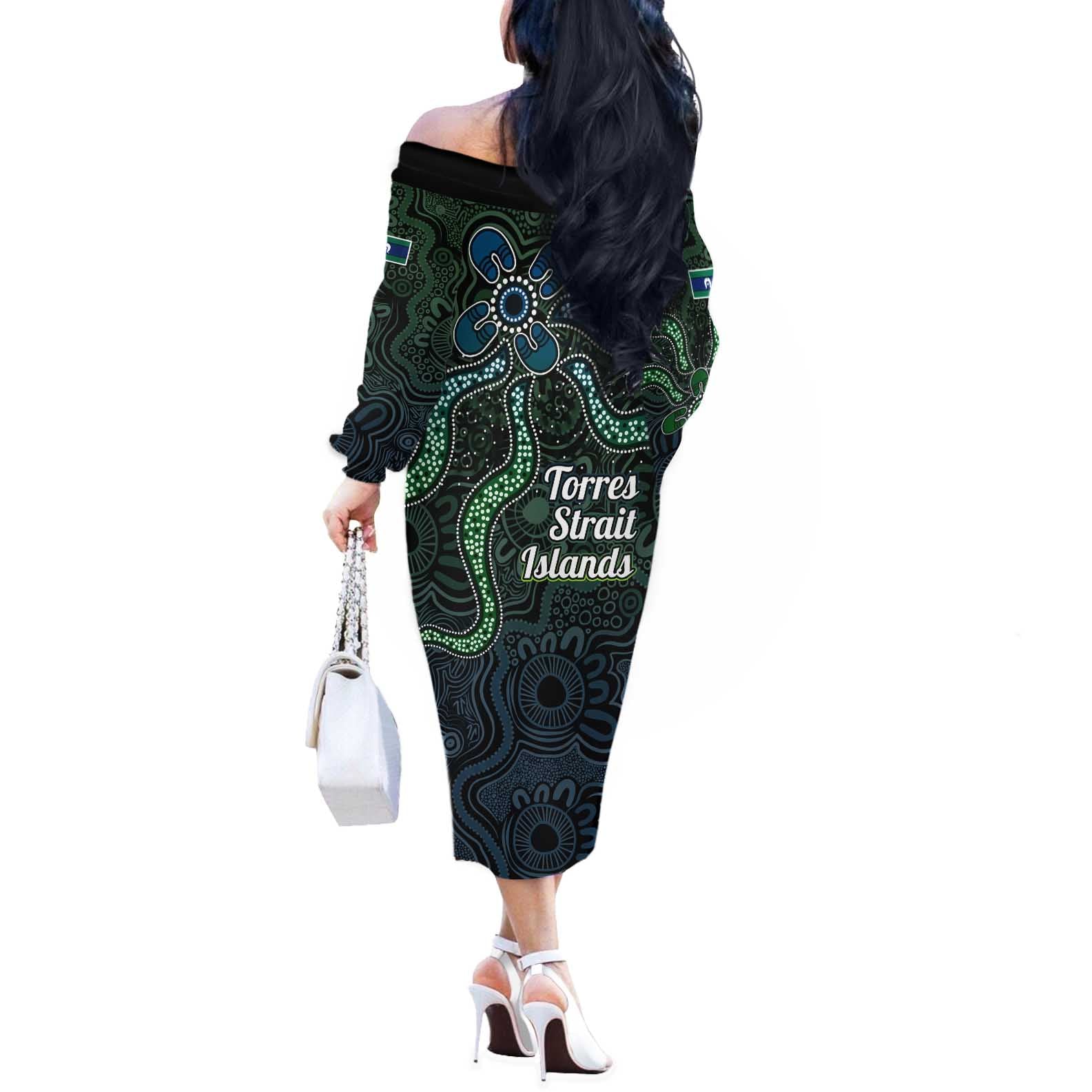 Torres Strait Islands Off The Shoulder Long Sleeve Dress Indigenous Australian Marine Tribal Dot Art