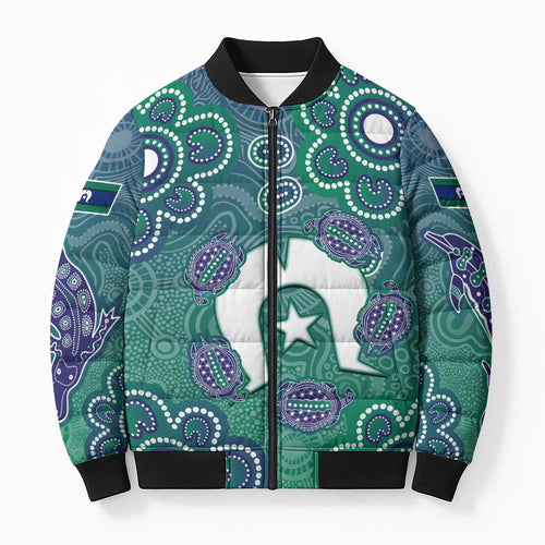 Sea Turtle Torres Strait Islands Bomber Puffer Jacket Pacific Indigenous Australian Oceanic Dot Art