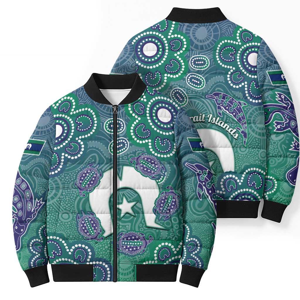 Sea Turtle Torres Strait Islands Bomber Puffer Jacket Pacific Indigenous Australian Oceanic Dot Art