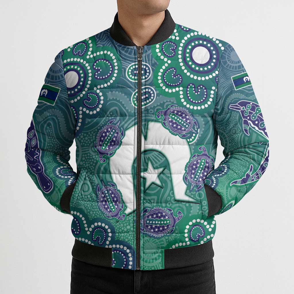 Sea Turtle Torres Strait Islands Bomber Puffer Jacket Pacific Indigenous Australian Oceanic Dot Art