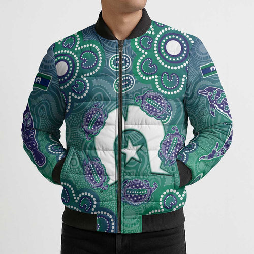 Sea Turtle Torres Strait Islands Bomber Puffer Jacket Pacific Indigenous Australian Oceanic Dot Art