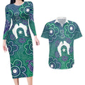 Sea Turtle Torres Strait Islands Couples Matching Long Sleeve Bodycon Dress and Hawaiian Shirt Pacific Indigenous Australian Oceanic Dot Art