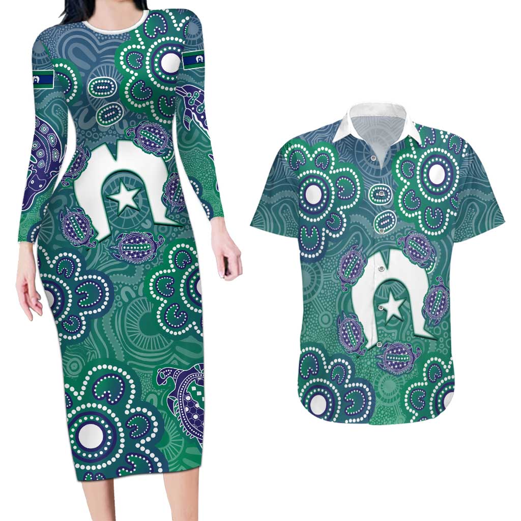 Sea Turtle Torres Strait Islands Couples Matching Long Sleeve Bodycon Dress and Hawaiian Shirt Pacific Indigenous Australian Oceanic Dot Art