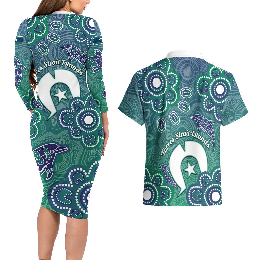 Sea Turtle Torres Strait Islands Couples Matching Long Sleeve Bodycon Dress and Hawaiian Shirt Pacific Indigenous Australian Oceanic Dot Art