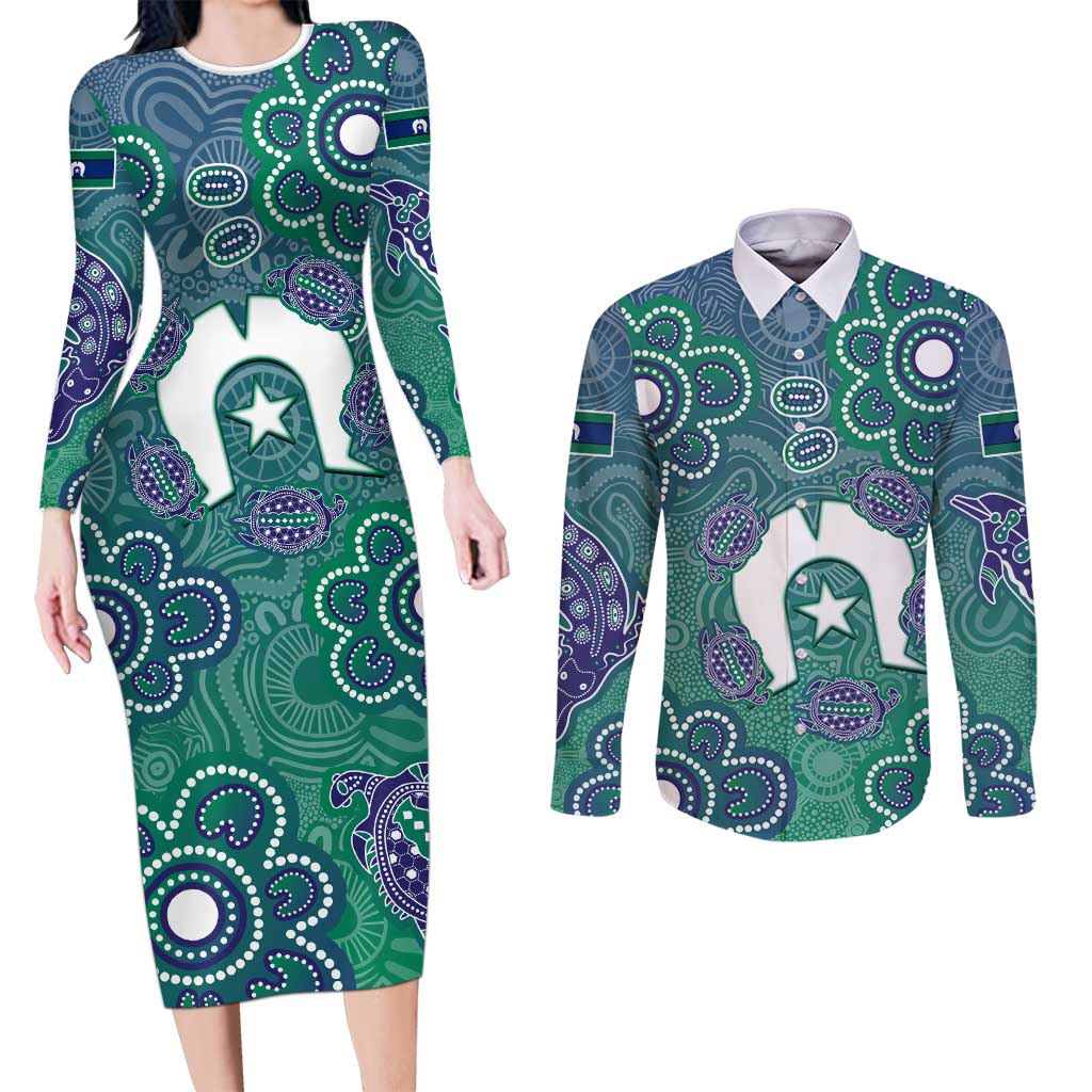 Sea Turtle Torres Strait Islands Couples Matching Long Sleeve Bodycon Dress and Long Sleeve Button Shirt Pacific Indigenous Australian Oceanic Dot Art