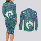 Sea Turtle Torres Strait Islands Couples Matching Long Sleeve Bodycon Dress and Long Sleeve Button Shirt Pacific Indigenous Australian Oceanic Dot Art